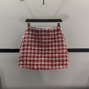 圣诞红色格子毛呢半身裙女2025秋冬高腰显瘦A字包臀裙粗花呢短裙