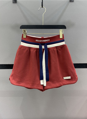 欧货红色休闲运动短裤女2026春夏撞色抽绳高腰宽松A字阔腿裤热裤