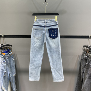 女小个子高腰八分烟管裤 撞色印花口袋牛仔直筒裤 清仓不退换
