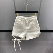 女修身 绑带设计感高腰牛仔短裤 显瘦a字阔腿热裤 清仓不退换