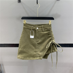 不规则抽绳牛仔半身裙女显瘦A字辣妹包臀短裙裤 清仓不退换