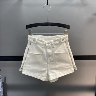 女白色弹力显瘦a字阔腿裤 拉链高腰牛仔短裤 热裤 清仓不退换