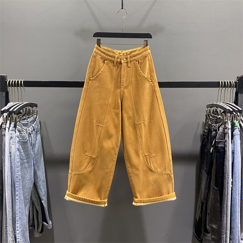 美式桔色弯刀牛仔裤女加绒阔腿裤