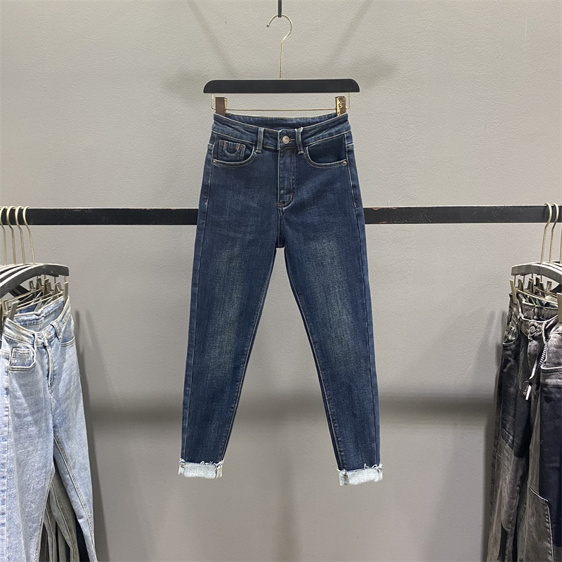 蓝色抓绒小脚牛仔裤女九分铅笔裤