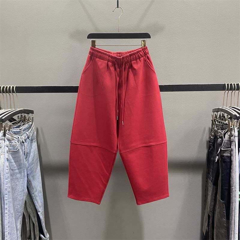 欧货洋气红色休闲运动卫裤女2025秋季新款宽松显瘦九分阔腿弯刀裤
