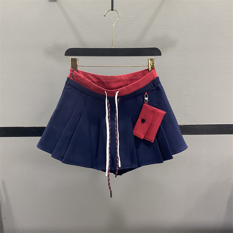 美式撞色拼接运动短裙女百褶裙裤