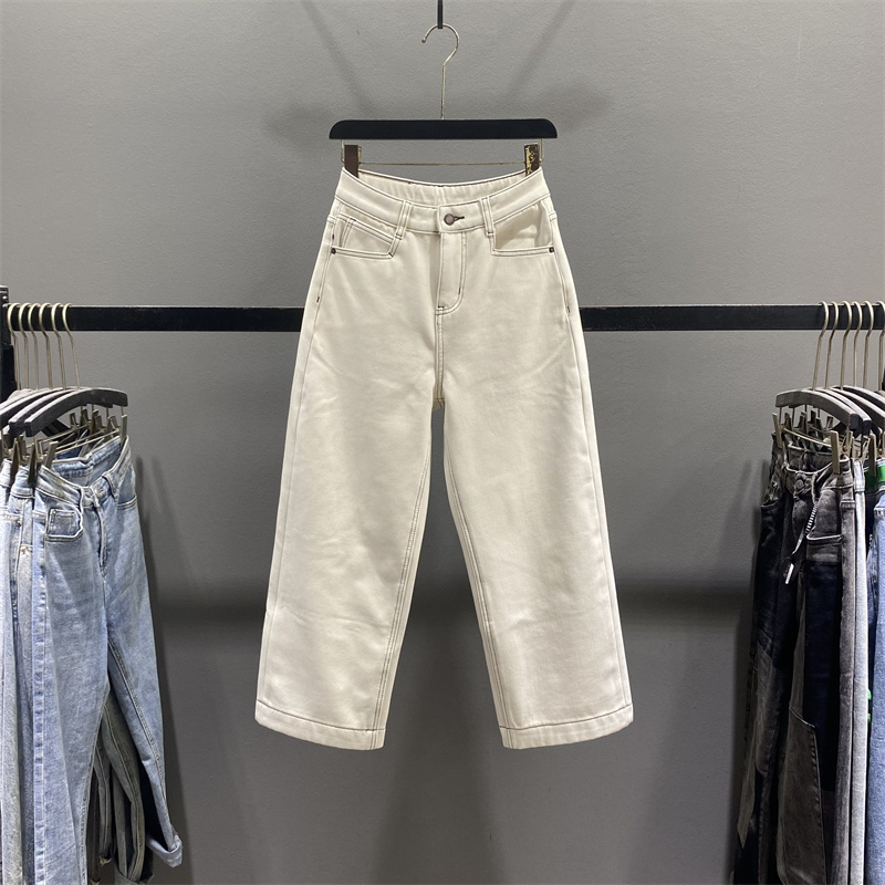 杏色加绒阔腿牛仔裤女休闲直筒裤