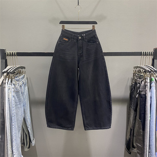 女2026春季 老爹裤 新款 复古高腰宽松休闲阔腿裤 美式 黑色弯刀牛仔裤