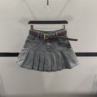 洋气减龄显瘦辣妹A字短裙 新款 美式 复古牛仔百褶半身裙女2025秋季