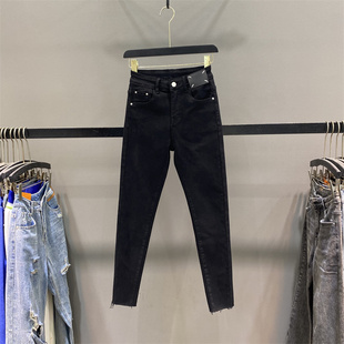 显瘦小脚铅笔裤 女弹力修身 黑色高腰贴标牛仔裤 潮 清仓不退换