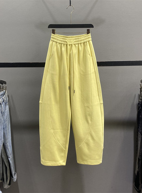 黄色弯刀卫裤女2026春季新款百搭高腰抽绳宽松休闲运动阔腿香蕉裤