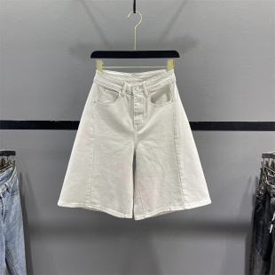 中裤 复古杏色五分牛仔短裤 高腰宽松休闲A字阔腿裤 新款 女2026夏季