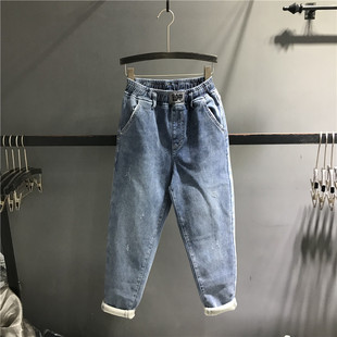 女宽松显瘦哈伦垮裤 松紧腰加绒加厚老爹牛仔裤 新款 欧洲站2025冬季