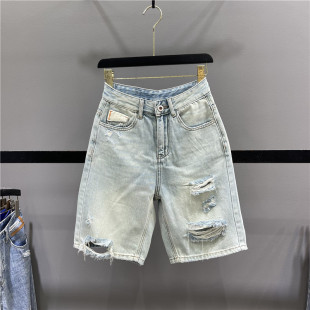 高腰宽松休闲破洞直筒中裤 新款 女2026夏季 复古做旧浅色牛仔五分裤