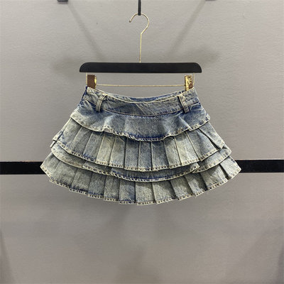 复古牛仔百褶半身裙女蛋糕短裙裤