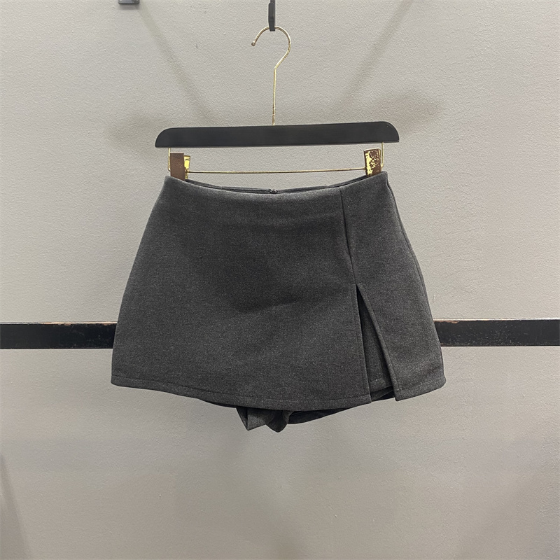 灰色开叉毛呢半身裙女包臀短裙裤