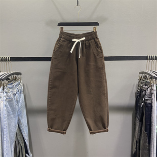 欧货松紧腰抽绳休闲牛仔裤 女2025秋冬薄绒百搭宽松显瘦老爹哈伦裤