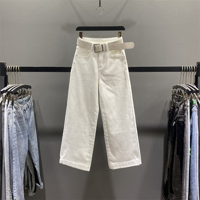 白色加绒直筒牛仔裤女休闲阔腿裤