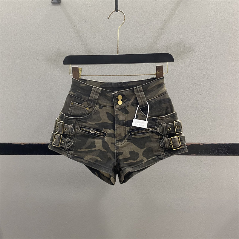 美式复古迷彩牛仔短裤女2026春夏设计感弹力显瘦辣妹A字超短热裤
