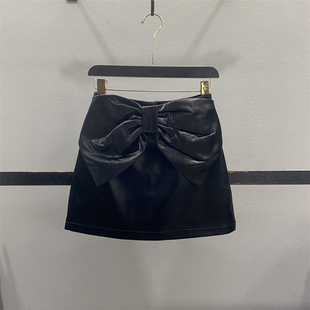 设计感蝴蝶结PU皮半身裙女2025秋季 高腰显瘦辣妹A字包臀短裙 新款