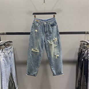 宽松显瘦百搭老爹哈伦裤 复古乞丐破洞牛仔裤 时尚 新款 子 女2026春季