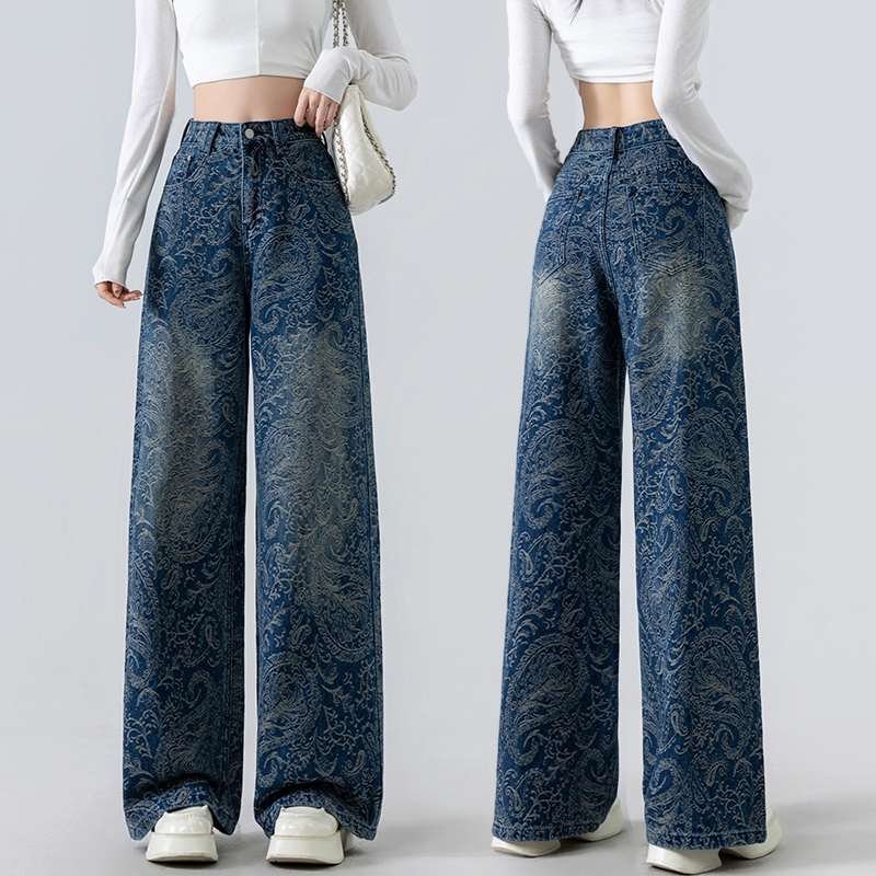 实拍无弹提花牛仔裤女2025秋冬甜酷辣妹风垂坠显瘦阔腿拖地裤