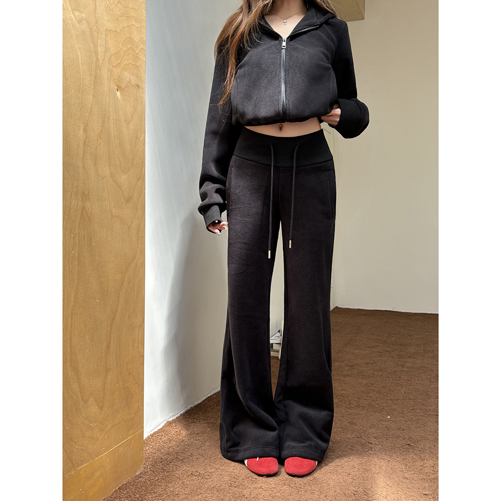 实拍2025秋冬新款摇粒绒连帽卫衣外套女微喇长裤卫裤休闲两件套装