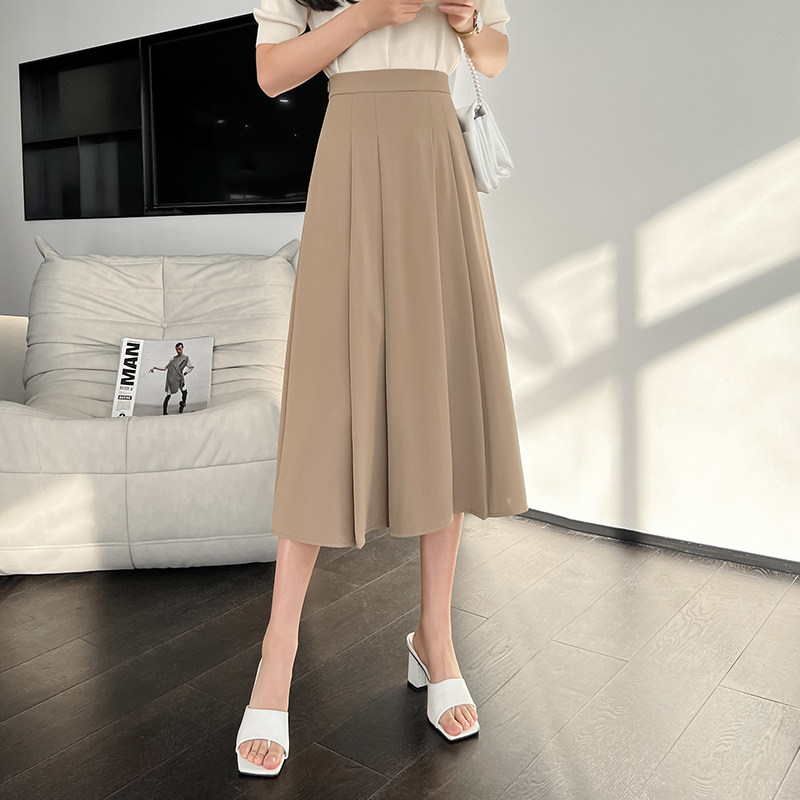 中长款半身裙女2026春夏新款高腰A字大摆OL过膝西装伞裙百褶长裙