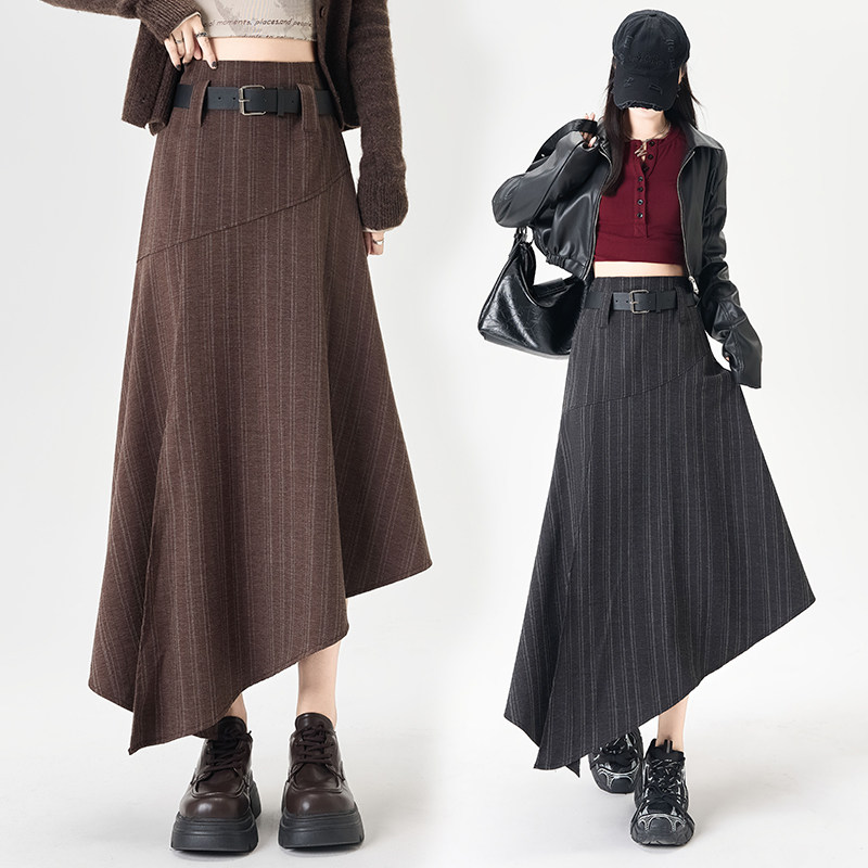 高级感不规则条纹半身裙女秋冬设计感高腰显瘦时尚百搭a字中长裙