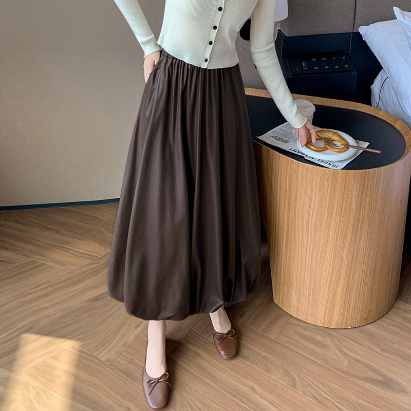 a字伞裙半身裙女秋冬新款松紧高腰灯笼皮裙遮胯pu皮长裙气质时尚