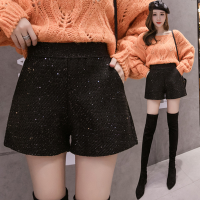 亮片毛呢a字短裤女休闲裤阔腿裤