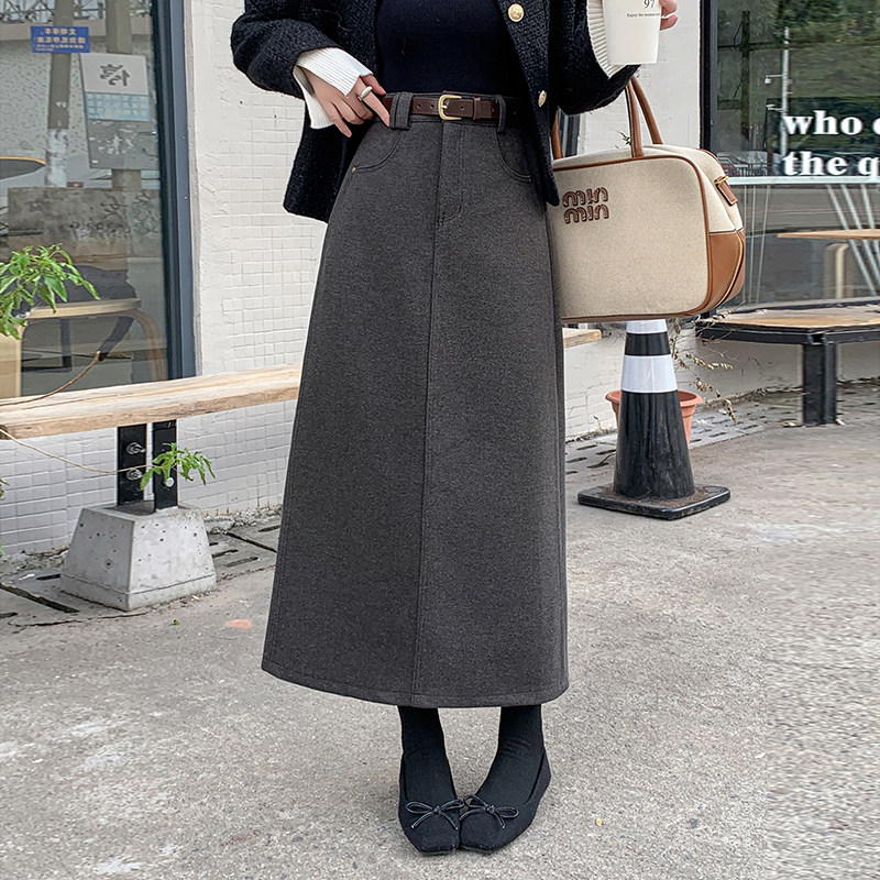 灰色半身裙女2024年冬新款小A毛呢裙子中长款高腰直筒呢子中长裙