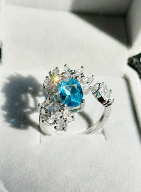 网红直播热卖新品海蓝天空蓝仿真托帕石相思花彩宝开口戒指女饰品