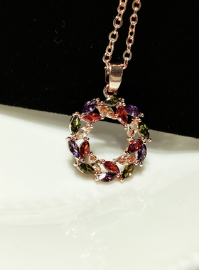 锆石项链彩色叶子十字链女式华丽