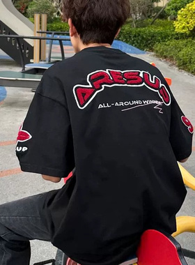 美式高街刺绣字母t恤男装2026新款国潮牌夏季宽松上衣情侣装短袖