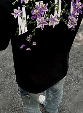 国潮美式高街黑色花卉刺绣短袖t恤男款夏季纯棉潮牌情侣款ins上衣