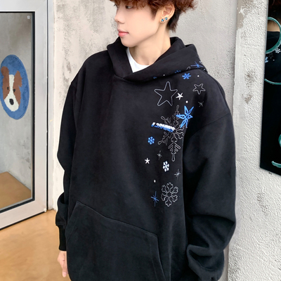 美式高街雪花星星刺绣连帽卫衣