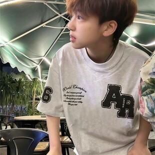 美式高街灰色刺绣字母t恤男装国潮牌夏季新款宽松情侣款短袖上衣