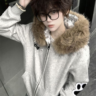 美式高街毛领卡通连帽卫衣