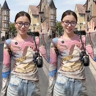 欧货数码印花粉色小马气质显瘦品质竹节纱遮肉高弹春夏打底衫千