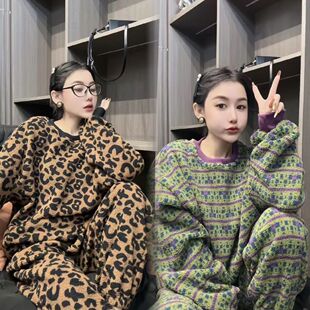 秋冬新款大码胖妹妹睡衣套装时尚洋气套装保暖家居服上衣两件套女