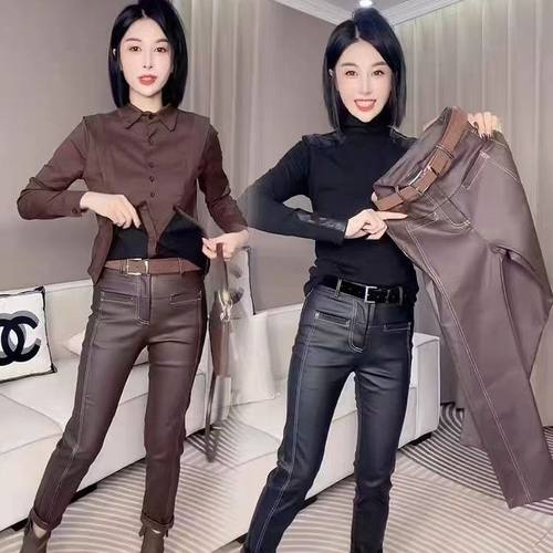 2025春秋冬显瘦修身铅笔九分裤欧货明线小脚烟管裤加绒图层皮裤