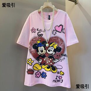 夏季新款卡通印花米奇亮片t恤女大码重工宽松遮肚子显瘦半袖女潮