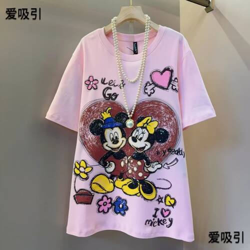 夏季新款卡通印花米奇亮片t恤女大码重工宽松遮肚子显瘦半袖女潮