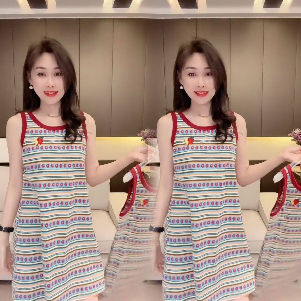 夏季新款棉料套头睡裙女刺绣樱桃条纹大码家居服可外穿连衣裙同