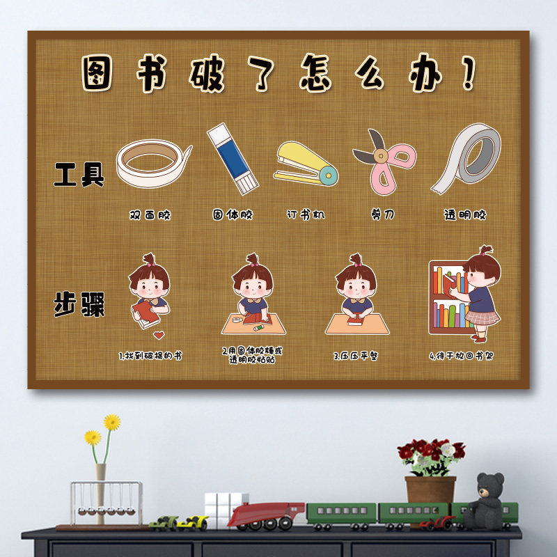 幼儿园图书阅读区览室公约修补制作破了怎么办标点符号卡通墙贴