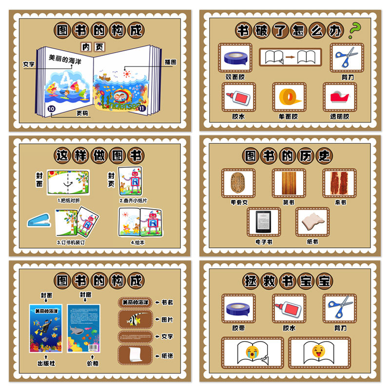 幼儿园图书区图书制作修补阅读角书的秘密书破了怎么办环创墙贴纸
