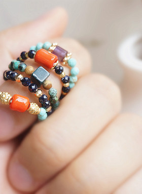 夜色很浅星河璀璨～天然石蓝沙石绿松石蓝色系串珠戒指小众