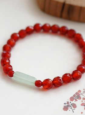 喜乐~中国风红玛瑙绿东陵玉手串手链弹力绳新中式配旗袍汉服