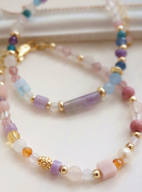 糖心~多巴胺多宝珠水晶手链紫水晶海蓝宝珍珠粉晶可戴洗澡小众